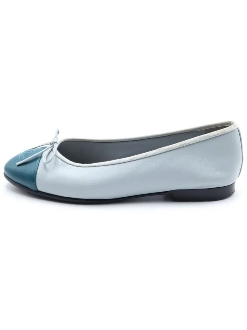Chanel CC Logo Velours Nash Pumps Leather Blue Gray Heel